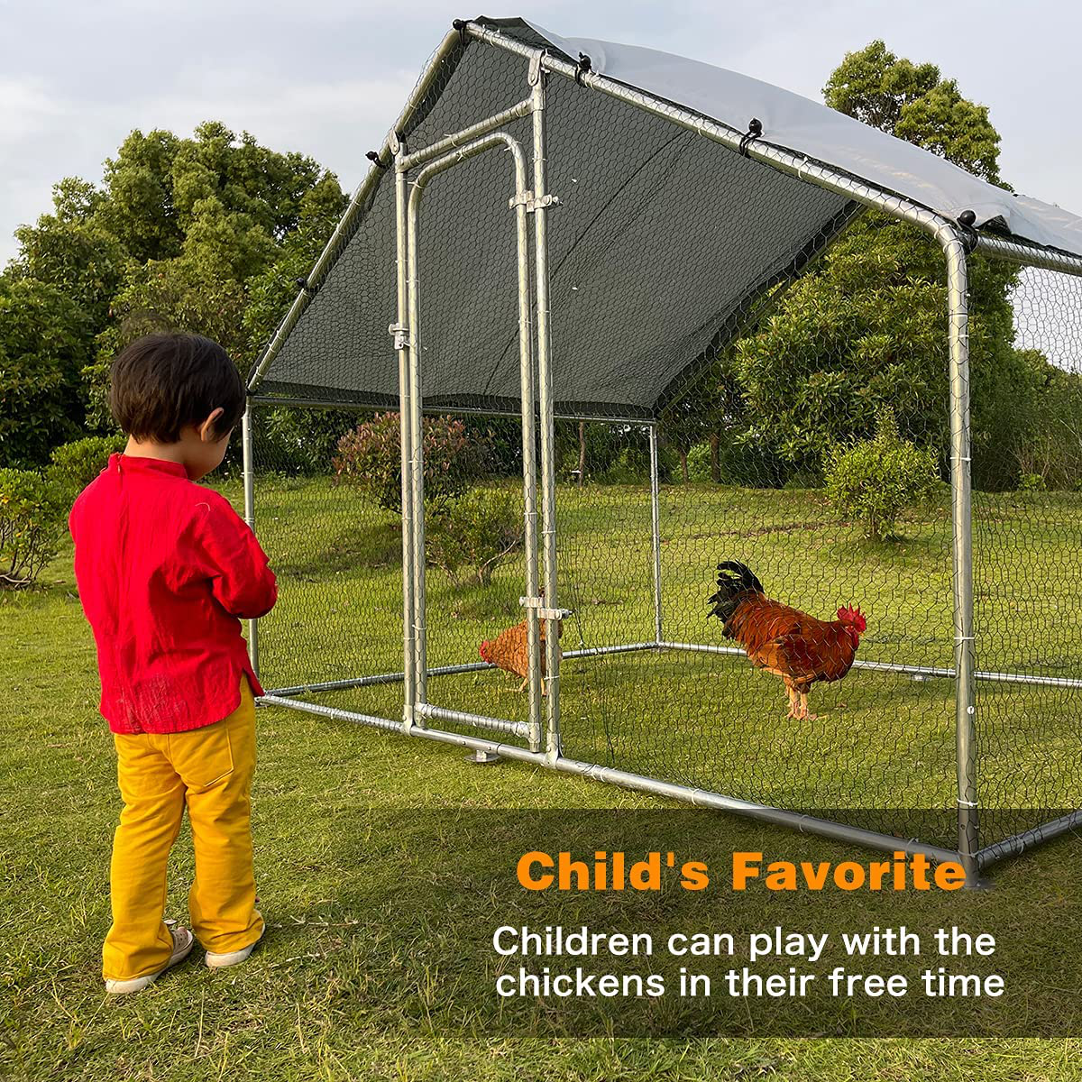Large Metal Chicken Coop Walk-In Poultry Cage Chicken Run Pen Dog Kennel Duck House Spire Shaped Coop with Waterproof and Anti-Ultraviolet Cover for Outdoor Farm Use(9.8' L X 19.7' W X 6.4' H) Animals & Pet Supplies > Pet Supplies > Dog Supplies > Dog Kennels & Runs iclbc   