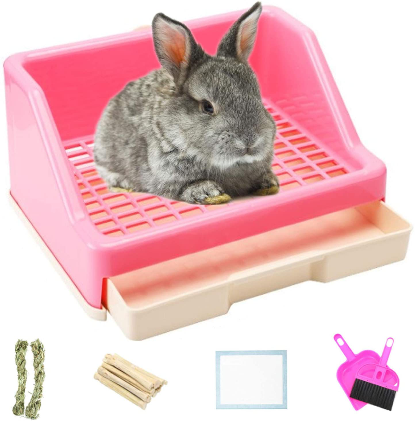 Hamiledyi 14 Pcs Rabbit Litter Box with Drawer Urinal Pad Pet Toilet Cage Trainer Corner Potty Cleaner Broom Brush Dustpan for Guinea Pigs Chinchilla Ferret Bunny Hedgehog Small Animals Animals & Pet Supplies > Pet Supplies > Small Animal Supplies > Small Animal Bedding Hamiledyi pink  