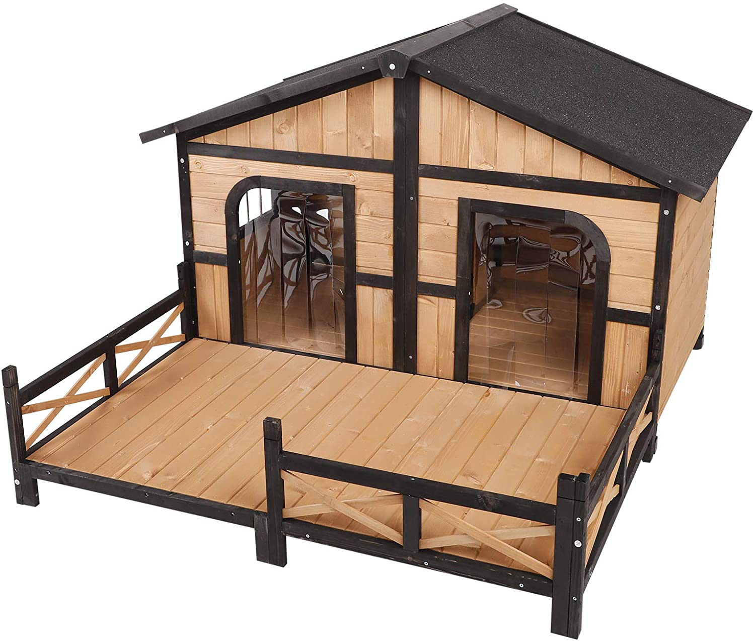 Pawhut 59"X64"X39" Wood Large Dog House Cabin Style Elevated Pet Shelter W/Porch Deck