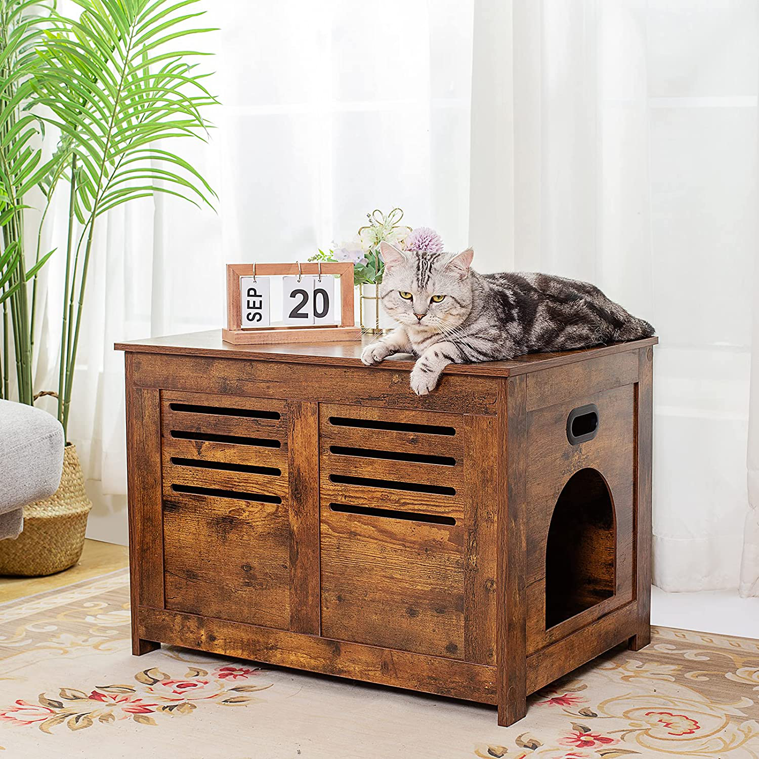 DINZI LVJ Litter Box Furniture, Flip Top Hidden Cat Washroom with Louvered Window, Entrance Can Be on Left/Right Side, Enclosed Cat Litter House Side Table for Most of Cat and Litter Box, Rustic Brown Animals & Pet Supplies > Pet Supplies > Cat Supplies > Cat Furniture DINZI LVJ   