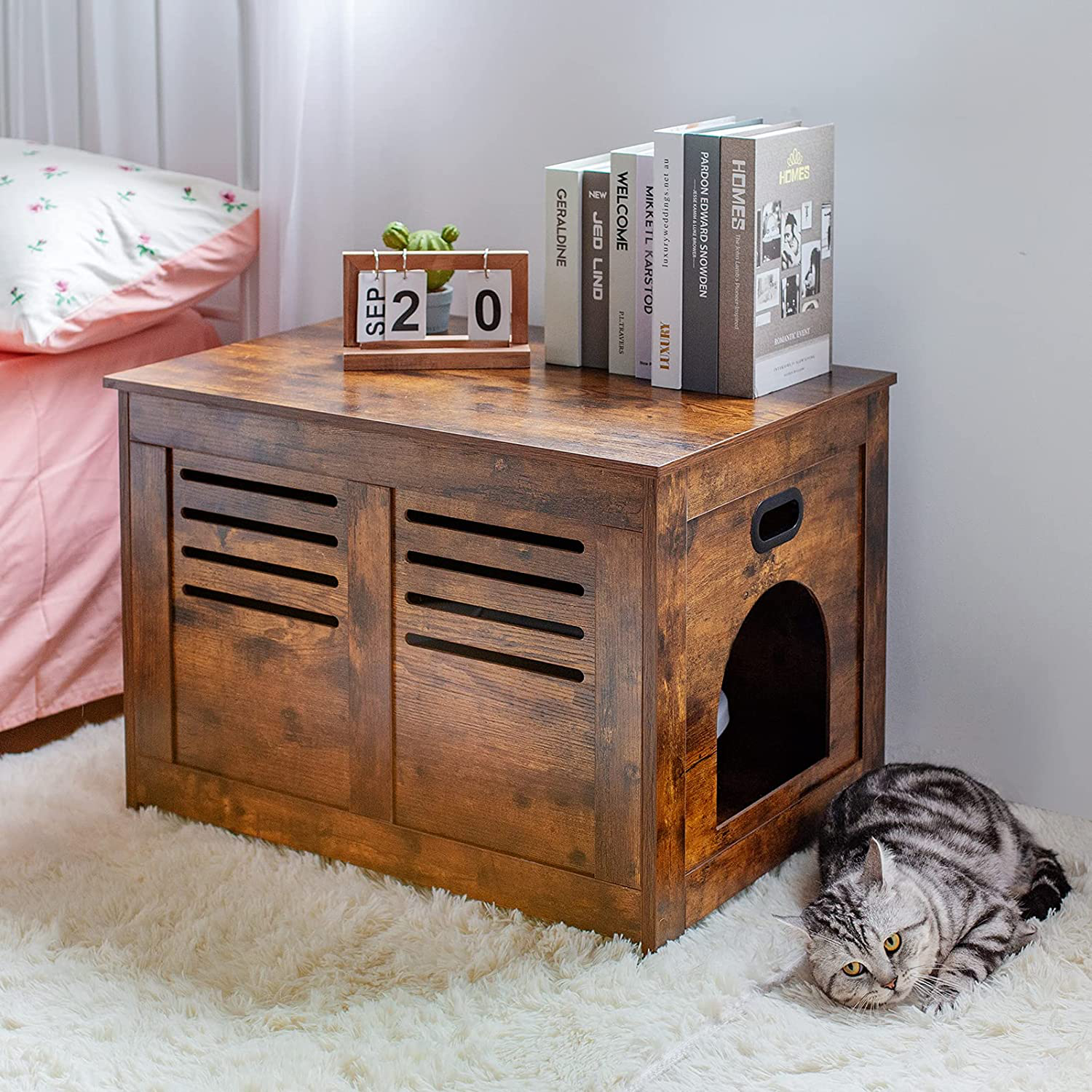 DINZI LVJ Litter Box Furniture, Flip Top Hidden Cat Washroom with Louvered Window, Entrance Can Be on Left/Right Side, Enclosed Cat Litter House Side Table for Most of Cat and Litter Box, Rustic Brown Animals & Pet Supplies > Pet Supplies > Cat Supplies > Cat Furniture DINZI LVJ   