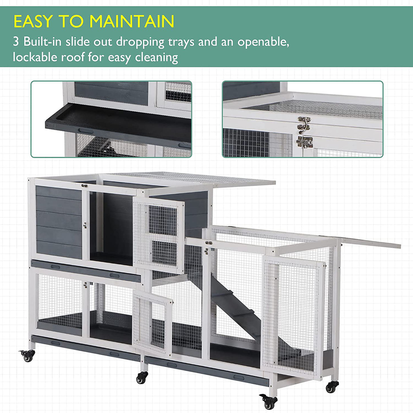 Pawhut Wooden Rabbit Hutch Elevated Pet House Bunny Cage Small Animal Habitat with Slide-Out Tray Lockable Door Openable Top for Indoor 57.75" X 18" X 32.5" Grey Animals & Pet Supplies > Pet Supplies > Small Animal Supplies > Small Animal Habitats & Cages PawHut   