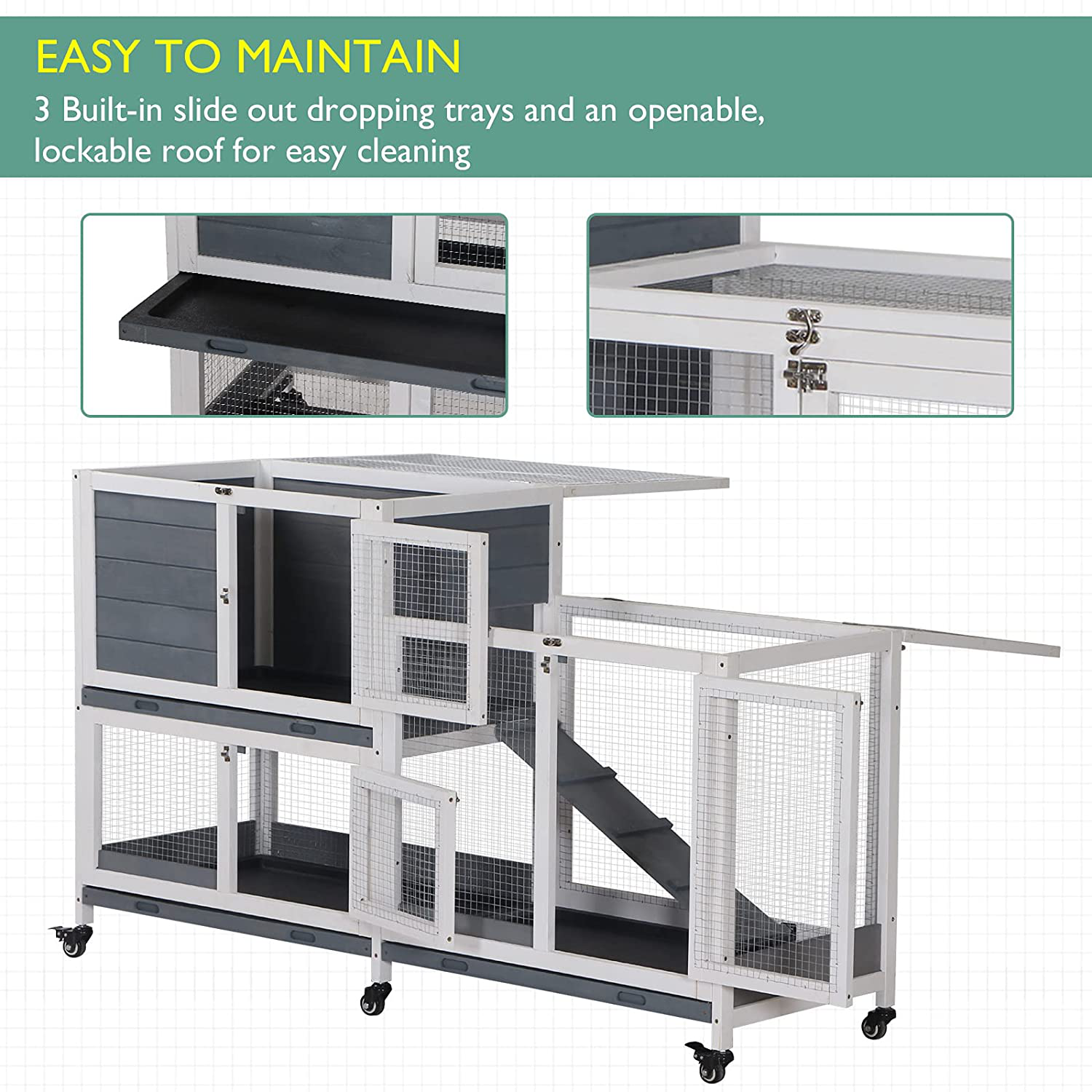 Pawhut Wooden Rabbit Hutch Elevated Pet House Bunny Cage Small Animal Habitat with Slide-Out Tray Lockable Door Openable Top for Indoor 57.75" X 18" X 32.5" Grey Animals & Pet Supplies > Pet Supplies > Small Animal Supplies > Small Animal Habitats & Cages PawHut   