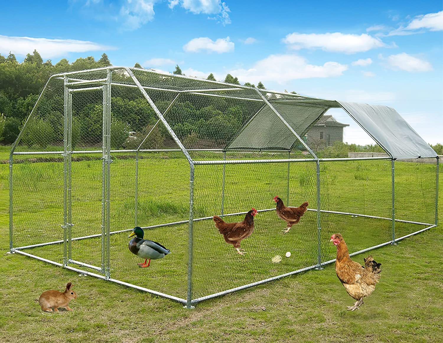 Grepatio Chicken Coop,Large Metal Chicken Run Cage,Dog Kennel Outdoor Duck House with Waterproof and Anti-Ultraviolet Cover for Backyard and Farm Use Animals & Pet Supplies > Pet Supplies > Dog Supplies > Dog Houses Grepatio 236”x118”x79” Flat Top  