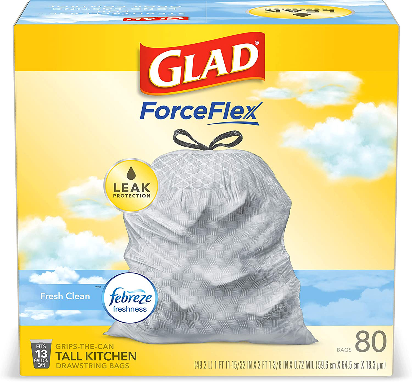 Glad Forceflex Tall Kitchen Drawstring Trash Bags – 13 Gallon Trash Bag, Fresh Clean Scent with Febreze Freshness – 80 Count (Package May Vary) Animals & Pet Supplies > Pet Supplies > Cat Supplies > Cat Litter Box Liners Glad   