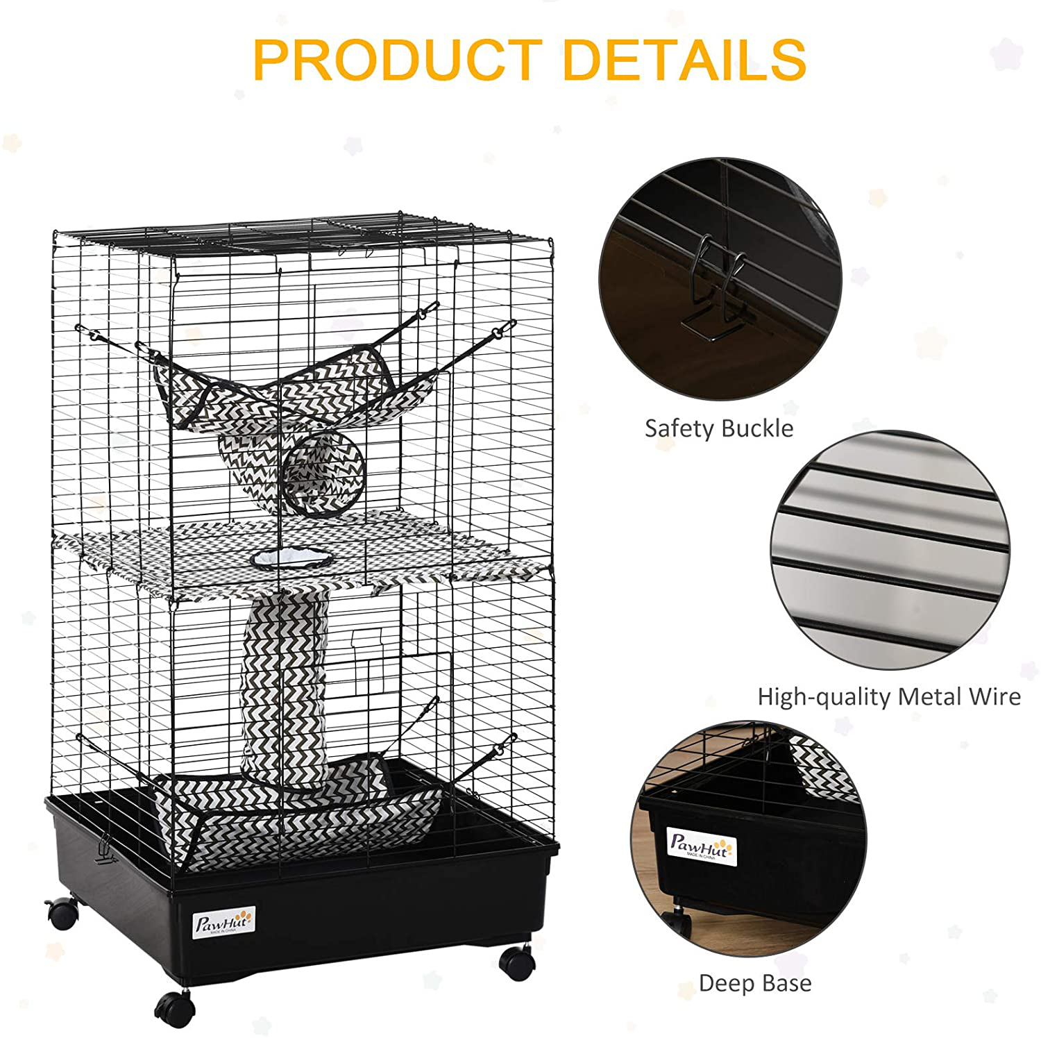 Pawhut Small Animal Cage Habitat for Ferret with Wheels Hammocks Tunnels and 3 Doors, Black Animals & Pet Supplies > Pet Supplies > Small Animal Supplies > Small Animal Habitats & Cages Aosom LLC   