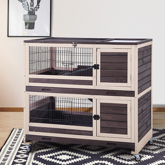 Rabbit Hutch Indoor Pet House for Small Animals, Outdoor Bunny Cage Wooden Bunny Hutch -Two Deeper Trays & Four Casters Included Animals & Pet Supplies > Pet Supplies > Small Animal Supplies > Small Animal Habitats & Cages GUTINNEEN Coffee  