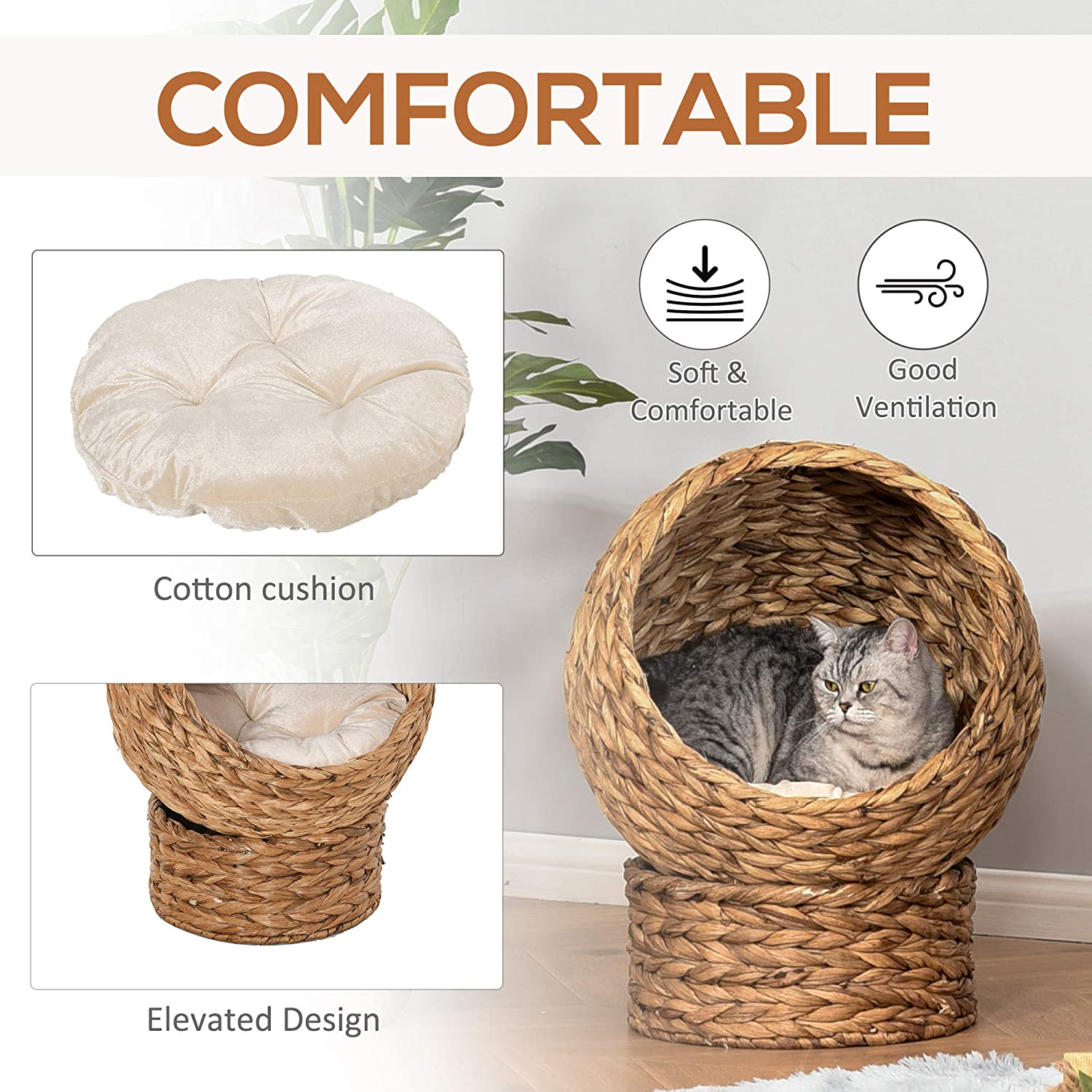 Pawhut 20" Natural Braided Banana Leaf Elevated Cat Bed Basket with Cushion Animals & Pet Supplies > Pet Supplies > Dog Supplies > Dog Houses PawHut   