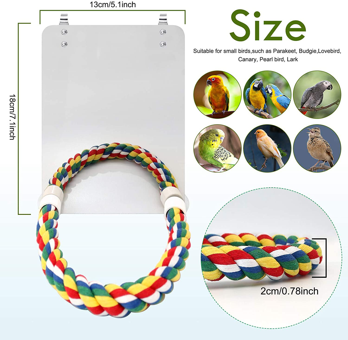 BWOGUE 7 Inch Bird Mirror with Rope Perch Cockatiel Mirror for Cage Bird Toys Swing Parrot Cage Toys for Parakeet Cockatoo Cockatiel Conure Lovebirds Finch Canaries Animals & Pet Supplies > Pet Supplies > Bird Supplies > Bird Cage Accessories BWOGUE   