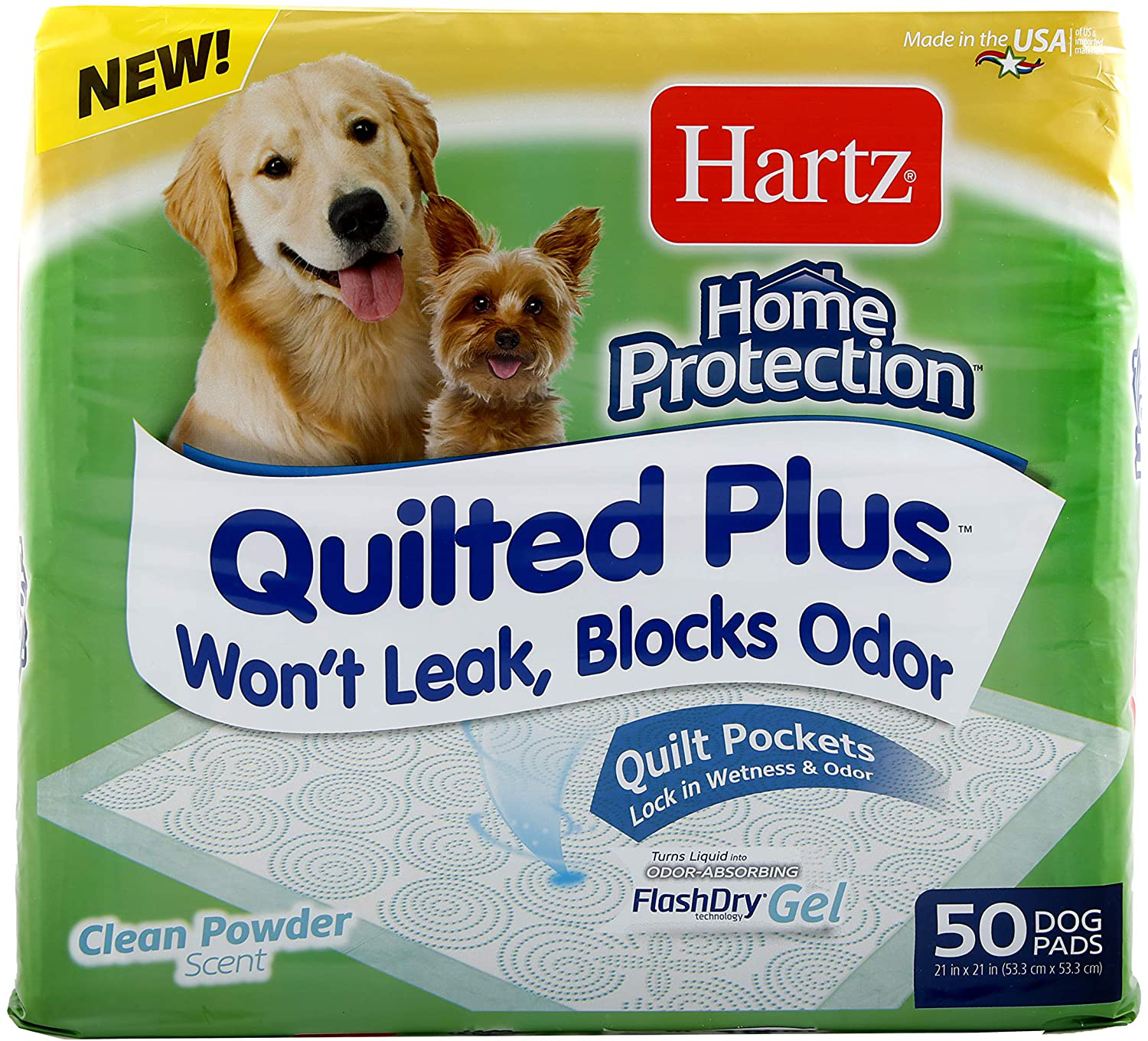 Hartz Home Protection Quilted plus Dog Pads, Super Absorbent & Won’T Leak, Clean Powder Scent, Regular, 50 Count