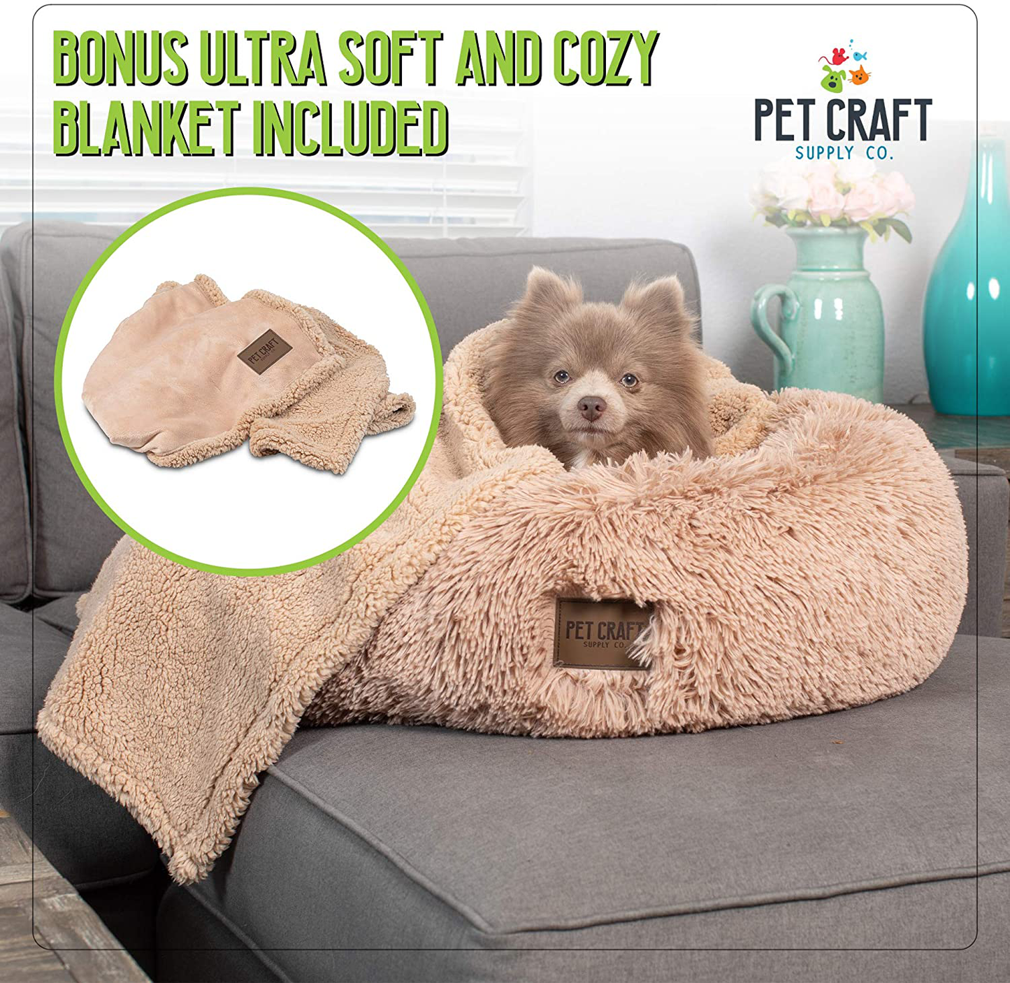 Pet Craft Supply Ultra Plush Calming Anti-Anxiety Pet Bed - Includes Super Soft Comfort Blanket - Great Medium Dog Bed Small Dog Bed Cat Bed Puppy Bed