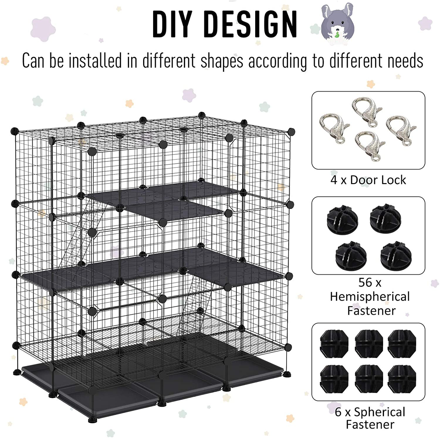 Pawhut DIY Pet Playpen Wire Rabbit Cage for Kitten, Chinchillas, & Small Animals with 6 Independent Trays