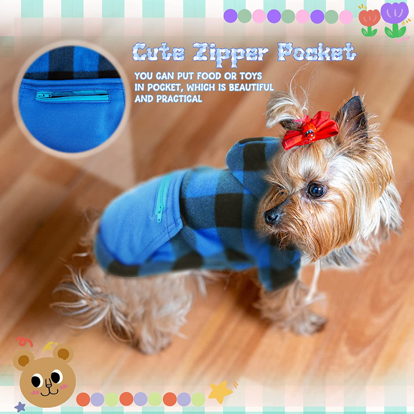 Rypet 2 Packs Plaid Dog Hoodie Sweatshirt Sweater for Dogs Pet Clothes with Hat and Pocket Warm Puppy Sweater for Small Dogs Girl & Boy