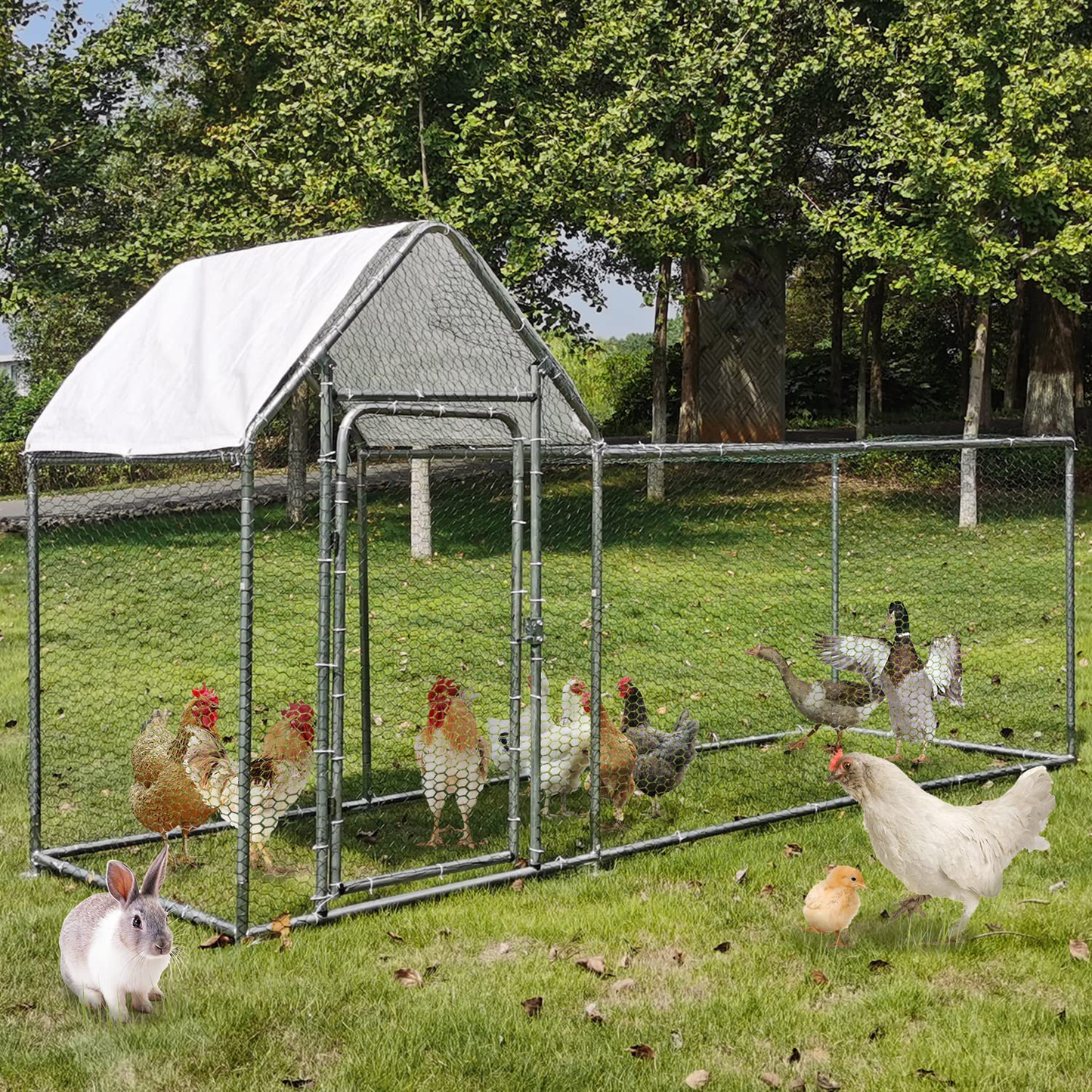 Walsport Large Chicken Run Walk Metal Hen Cage with Waterproof Cover, Enclosure Playpen for Backyard Farm Outdoor