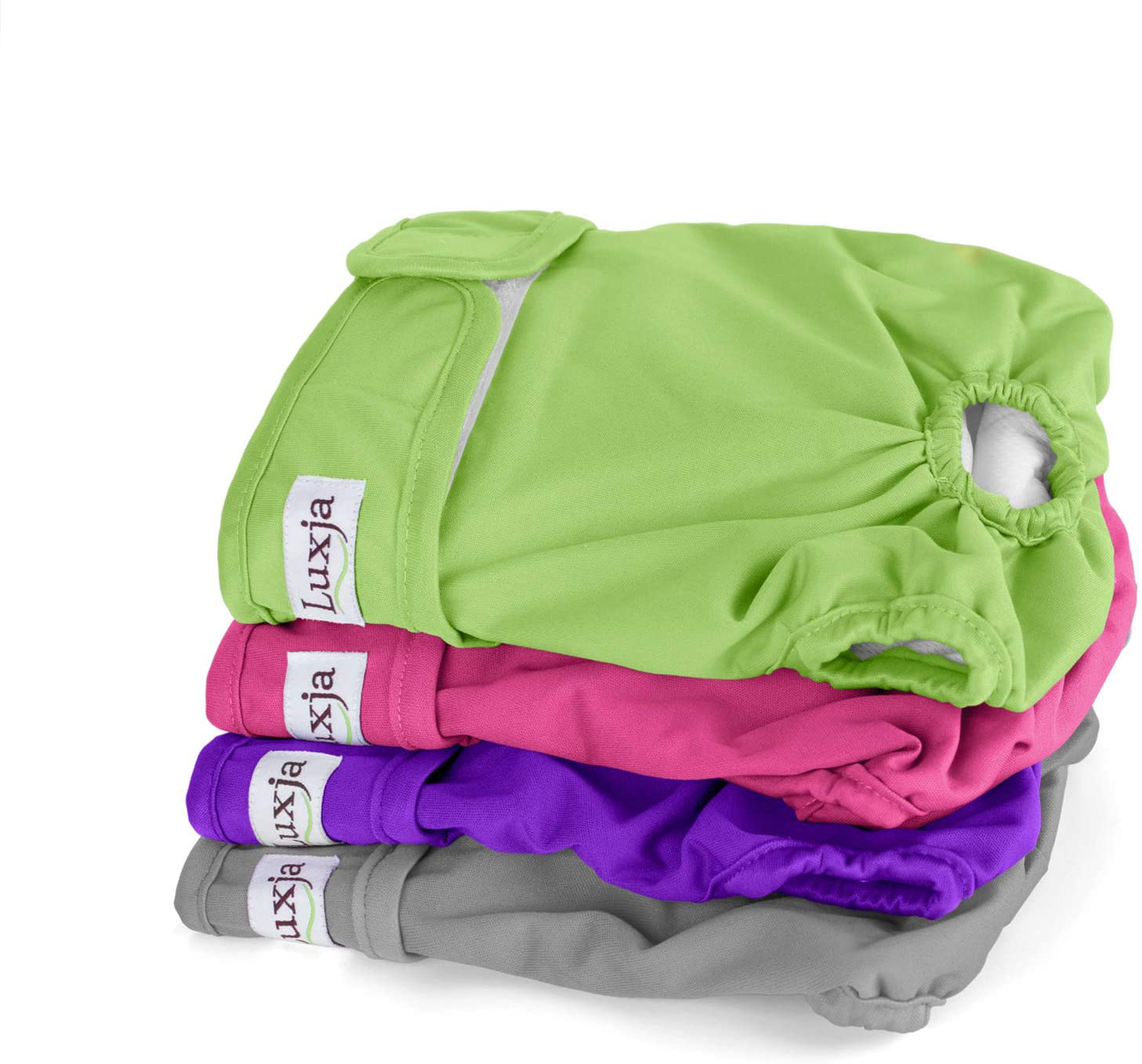 Luxja Reusable Female Dog Diapers (Pack of 4), Washable Wraps for Female Dog (Large 1, Gray+Green+Purple+Rose Red)