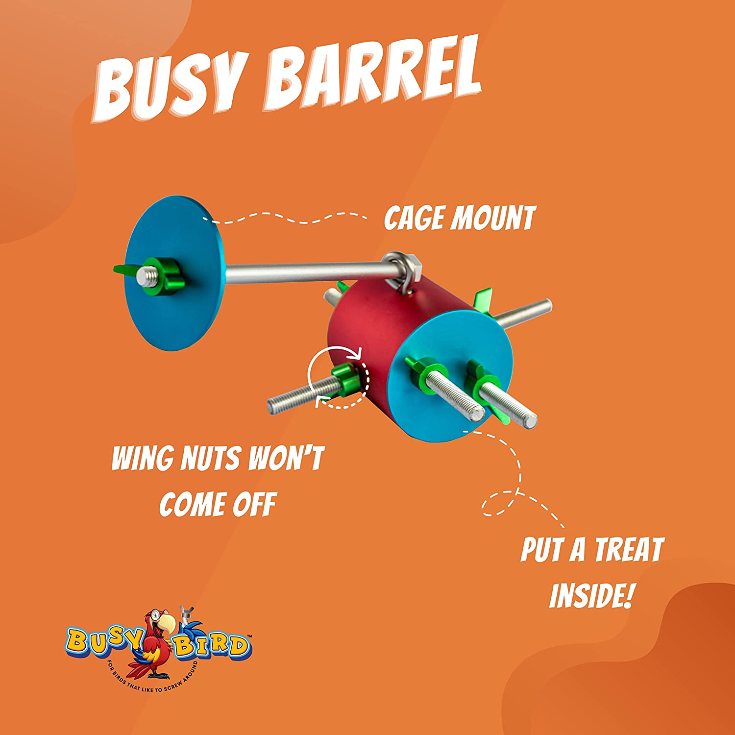 Busy Bird | Barrel Foraging Bird Toy with Non-Removable Wing Nuts - 100% Metal, Ultimate Brain Teaser and Mind Game for Medium to Extra Large Birds Animals & Pet Supplies > Pet Supplies > Bird Supplies > Bird Toys Busy bird for birds that like to screw around   