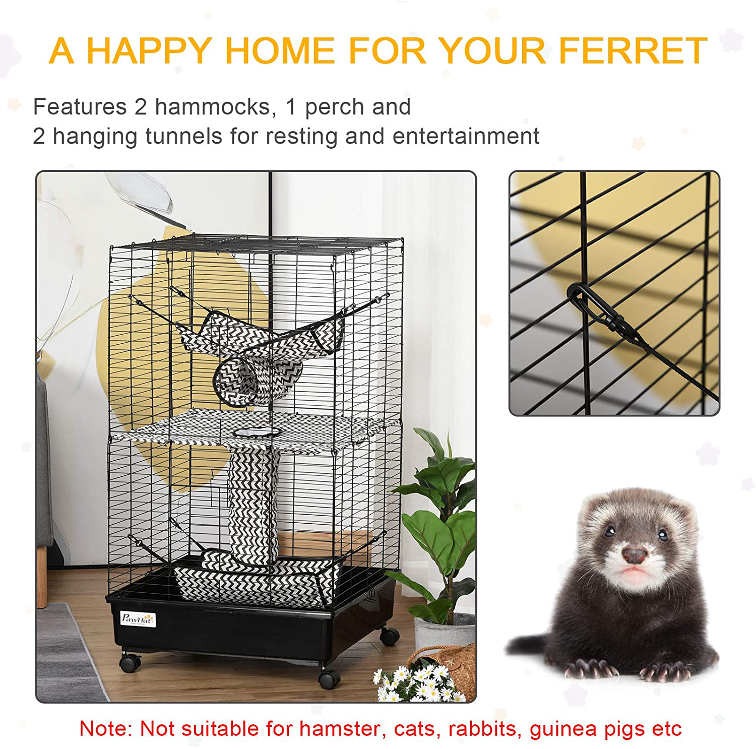 Pawhut Small Animal Cage Habitat for Ferret with Wheels Hammocks Tunnels and 3 Doors, Black Animals & Pet Supplies > Pet Supplies > Small Animal Supplies > Small Animal Habitats & Cages Aosom LLC   