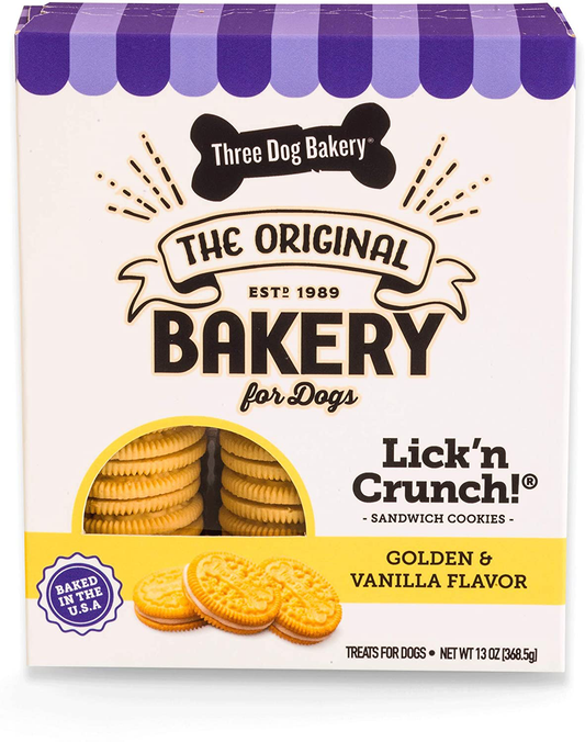 Three Dog Bakery Lick'N Crunch Sandwich Cookies, Golden & Vanilla Flavor, Premium Treats for Dogs, 13 and 8 Ounces Animals & Pet Supplies > Pet Supplies > Dog Supplies > Dog Treats Three Dog Bakery Golden and Vanilla 13 Ounce (Pack of 1) 