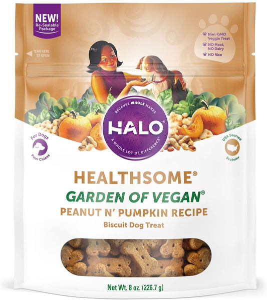 Halo Vegan Dog Treats, Grain-Free, Vegetarian, 8-Ounce Bag Animals & Pet Supplies > Pet Supplies > Dog Supplies > Dog Treats Halo Purely For Pets Peanut n’ Pumpkin 8 Oz 