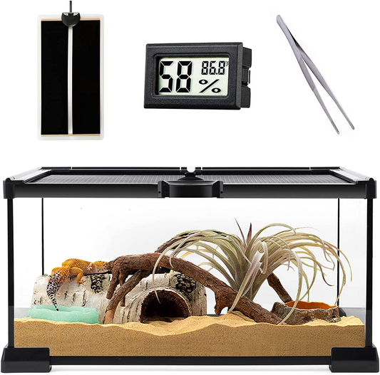 Reptile Glass Terrarium - Amphibians Habitat Cages 12" X 8" X 6.3" Starter Kits, Top Sliding Door Screen Ventilation Mini Tanks with Heating Mat, Stainless Steel Tweezer, Hygrometer Thermometer