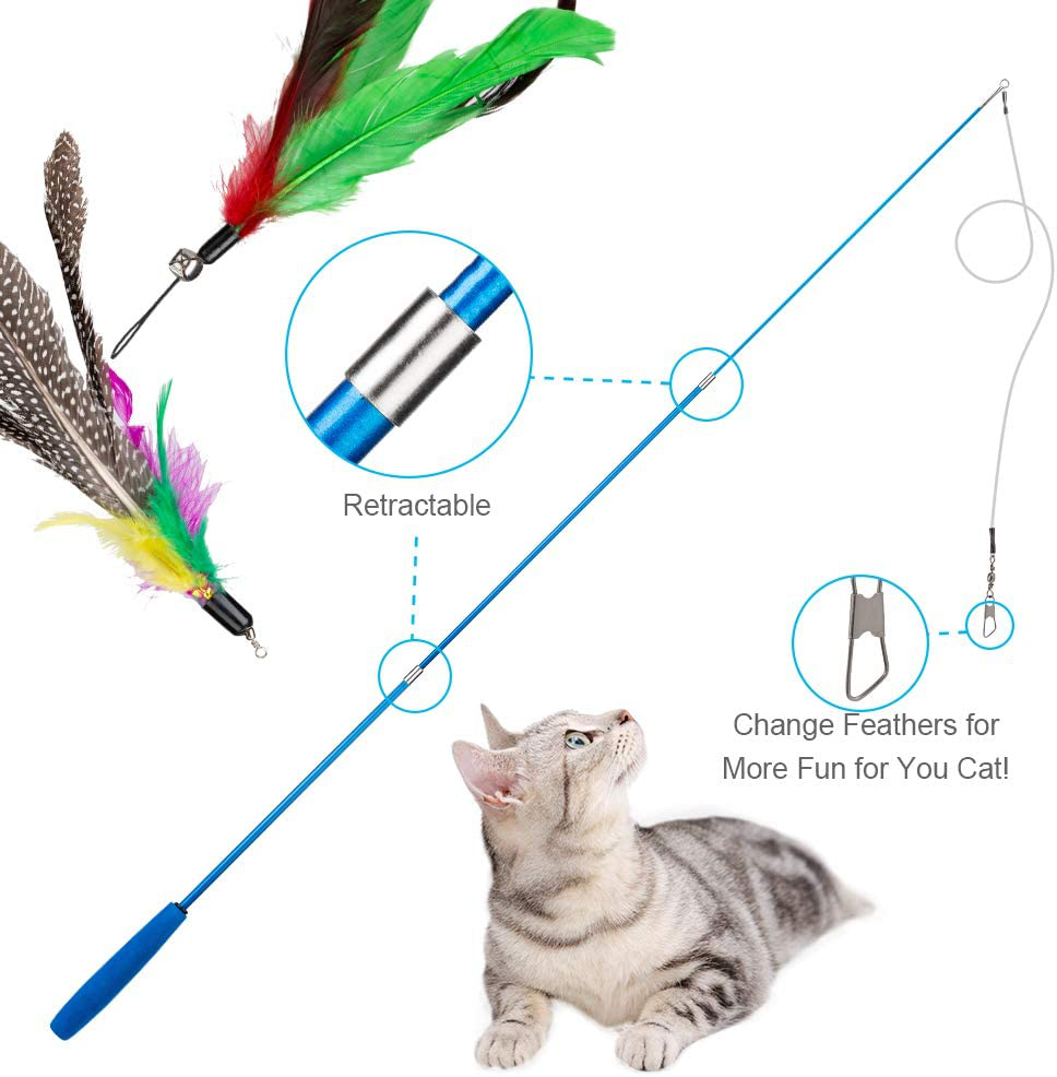 JIARON Cat Feather Toy, 2PCS Retractable Cat Wand Toys and 10PCS Replacement Teaser with Bell Refills, Interactive Catcher Teaser and Funny Exercise for Kitten or Cats.