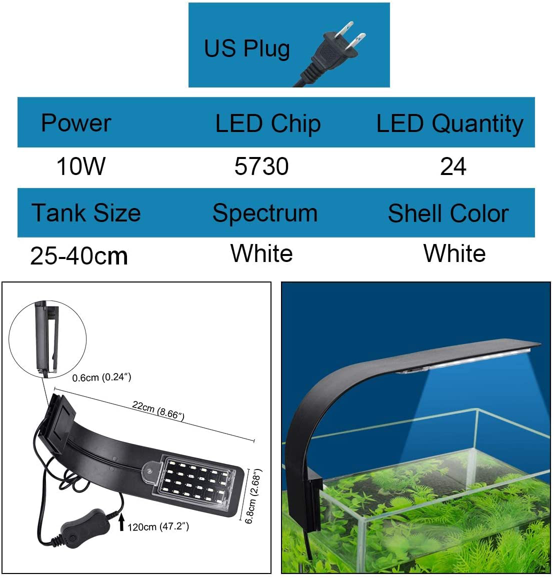 WEAVERBIRD Aquarium Light X5 Virgo 24 LED Aquarium Light 10W Clip-On Lamp Aquatic Plant Lighting