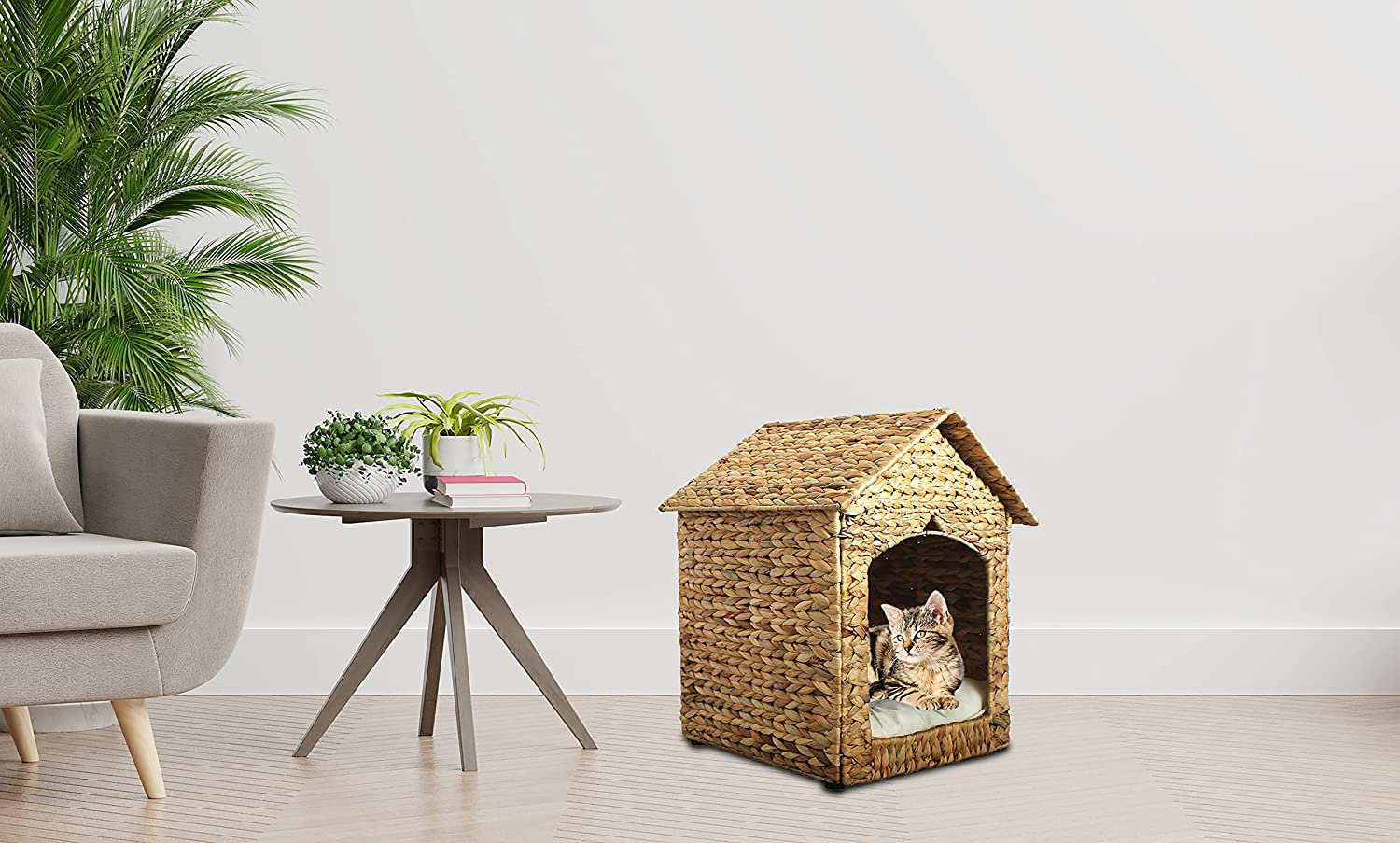 B.U.STYLE Ecofriendly Pet House Indoor, Foldable Puppy Bed, Cat Dog Housewater Hyacinth House for Indoor Used, and Natural Soft Cushion, Natural Color, 16.1Inl X 15.7W X 18.9Hin Animals & Pet Supplies > Pet Supplies > Dog Supplies > Dog Houses B.U.STYLE   