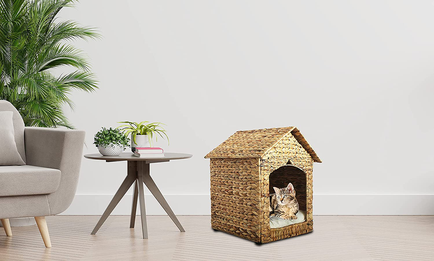 B.U.STYLE Ecofriendly Pet House Indoor, Foldable Puppy Bed, Cat Dog Housewater Hyacinth House for Indoor Used, and Natural Soft Cushion, Natural Color, 16.1Inl X 15.7W X 18.9Hin