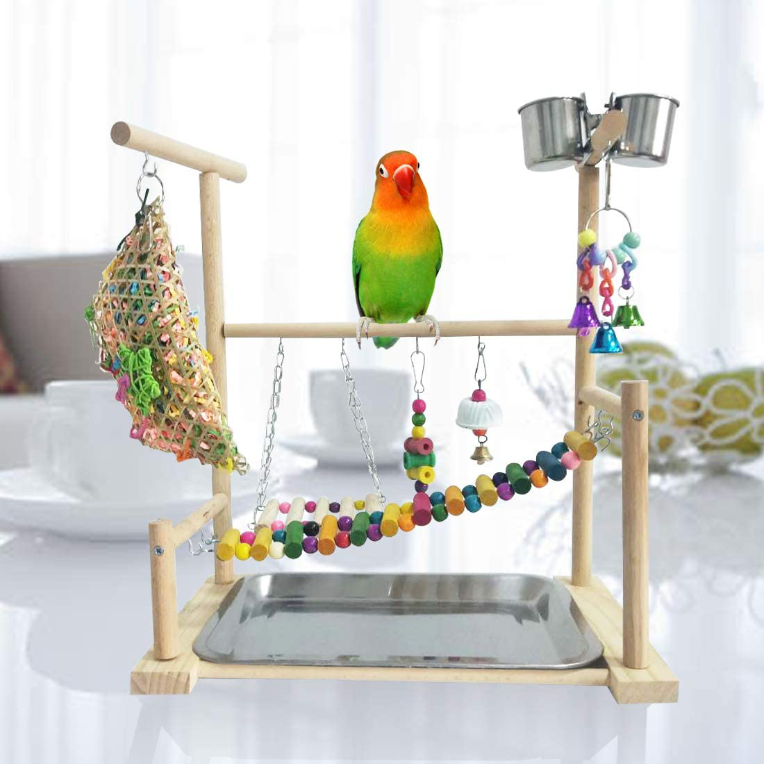 Kathson Parrots Playground Bird Perch Gym Playpen Birds Chewing Toys Bridges with Swings Food Bowl for Parakeets African Grey Conures Cockatiel Cockatoos Parrotlets Animals & Pet Supplies > Pet Supplies > Bird Supplies > Bird Gyms & Playstands kathson   