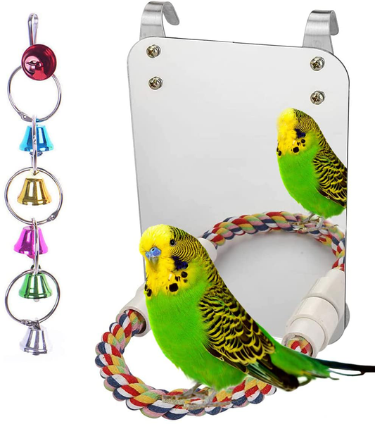 LOPERDEVE 7" Brid Mirror with Rope Perch Bird Toys Swing, Comfy Perch for Greys Amazons Parakeet Cockatiel Conure Lovebirds Finch Canaries