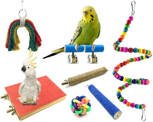 EYHBQIA 8Pcs Bird Toys for Parrots, Natural Wood Stand Parakeet Toys Bird Cage Accessories, Bird Training, Play Game, Foraging Toys. for Small Birds Such as Parrots, Finches, Lovebirds,Cockatiels. Animals & Pet Supplies > Pet Supplies > Bird Supplies > Bird Cages & Stands EYHBQIA   