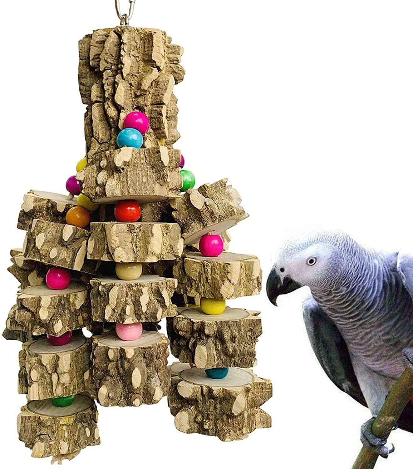 PINVNBY Large Parrot Toys Natural Wood Bird Chewing Toys Parakeet Cage Hammock Hanging Toy for African Grey Macaws Cockatoos Eclectus Amazon Parrot Birds