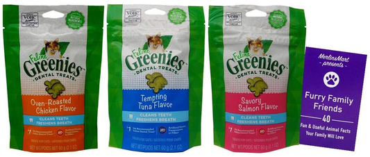 Feline Greenies Dental Crunchy Treats for Cats 3 Flavor Variety Pack - (1 Each): Oven Roasted Chicken, Tempting Tuna, Savory Salmon (2.1 Ounces) - plus Fun Animal Facts Booklet Bundle Animals & Pet Supplies > Pet Supplies > Cat Supplies > Cat Treats Generic   