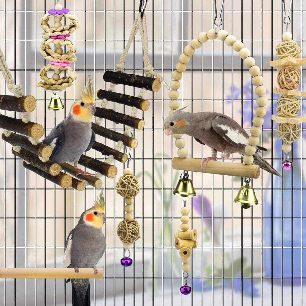 KATUMO Natural Wood Bird Swing Toys Durable Climbing Rope Ladder Chewing Toys with Bells Bird Perch Toys for Small Birds like Budgerigar, Parakeet, Conure, Cockatiel, Mynah, Lovebird, Finch Animals & Pet Supplies > Pet Supplies > Bird Supplies > Bird Cage Accessories KATUMO   