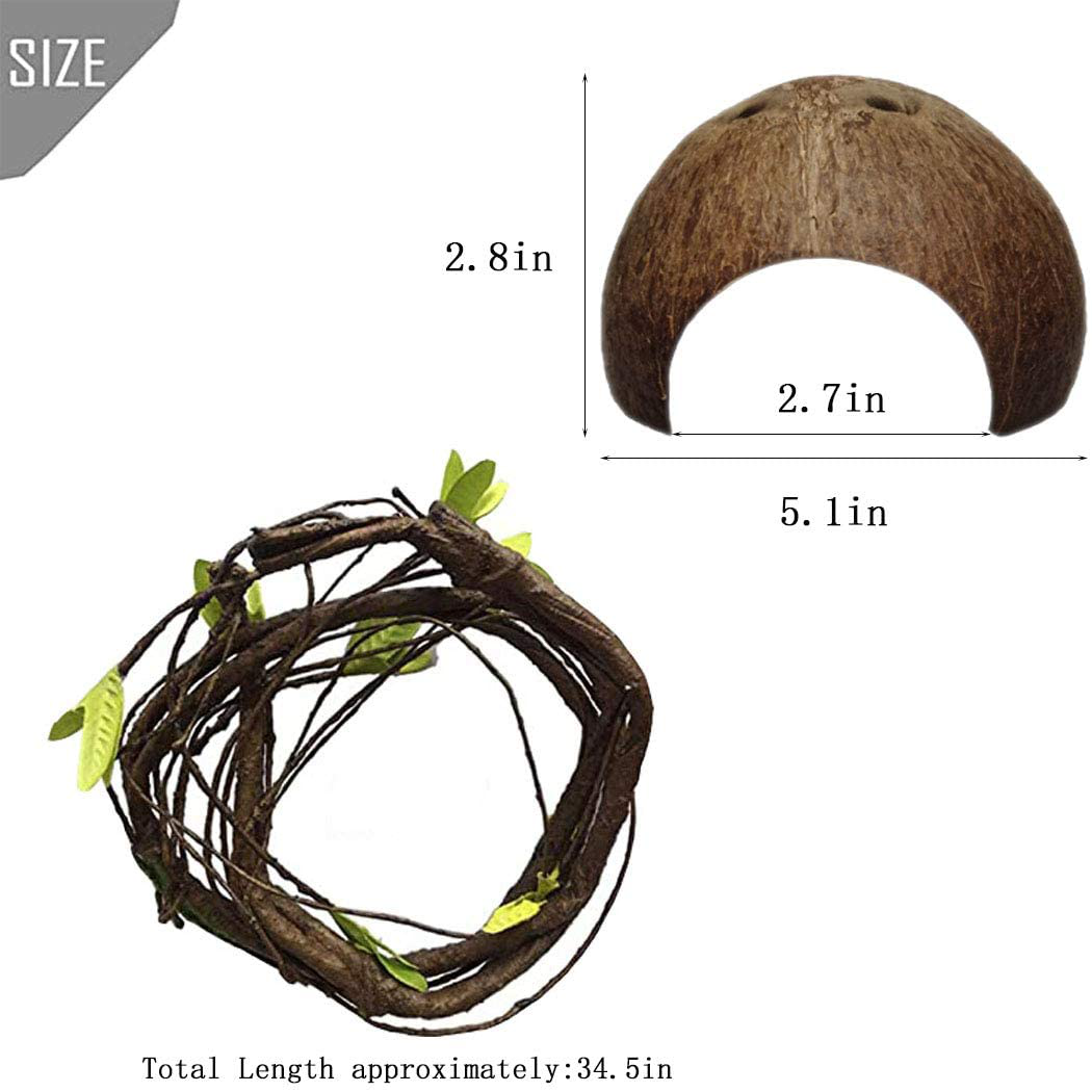PINVNBY Bearded Dragon Tank Accessories,Lizard Habitat Hammock Reptile Natural Seagrass Coconut Shell Toy Jungle Climber Bendable Vines Leaves Decor for Climbing Snakes Hermit Crabs Gecko or Chameleon
