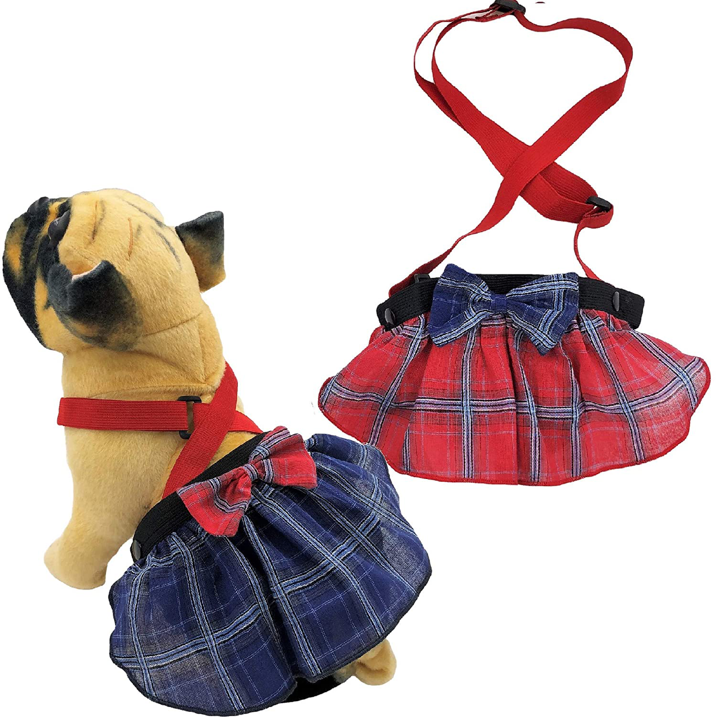 Funnydogclothes Pack of 2 Dog Skirt Female Diapers with Suspenders for Small and Large Pet 100% Cotton Plaid Tartan Blue Red Animals & Pet Supplies > Pet Supplies > Dog Supplies > Dog Diaper Pads & Liners FUNNYDOGCLOTHES XL/XXL waist 22 "- 32"  