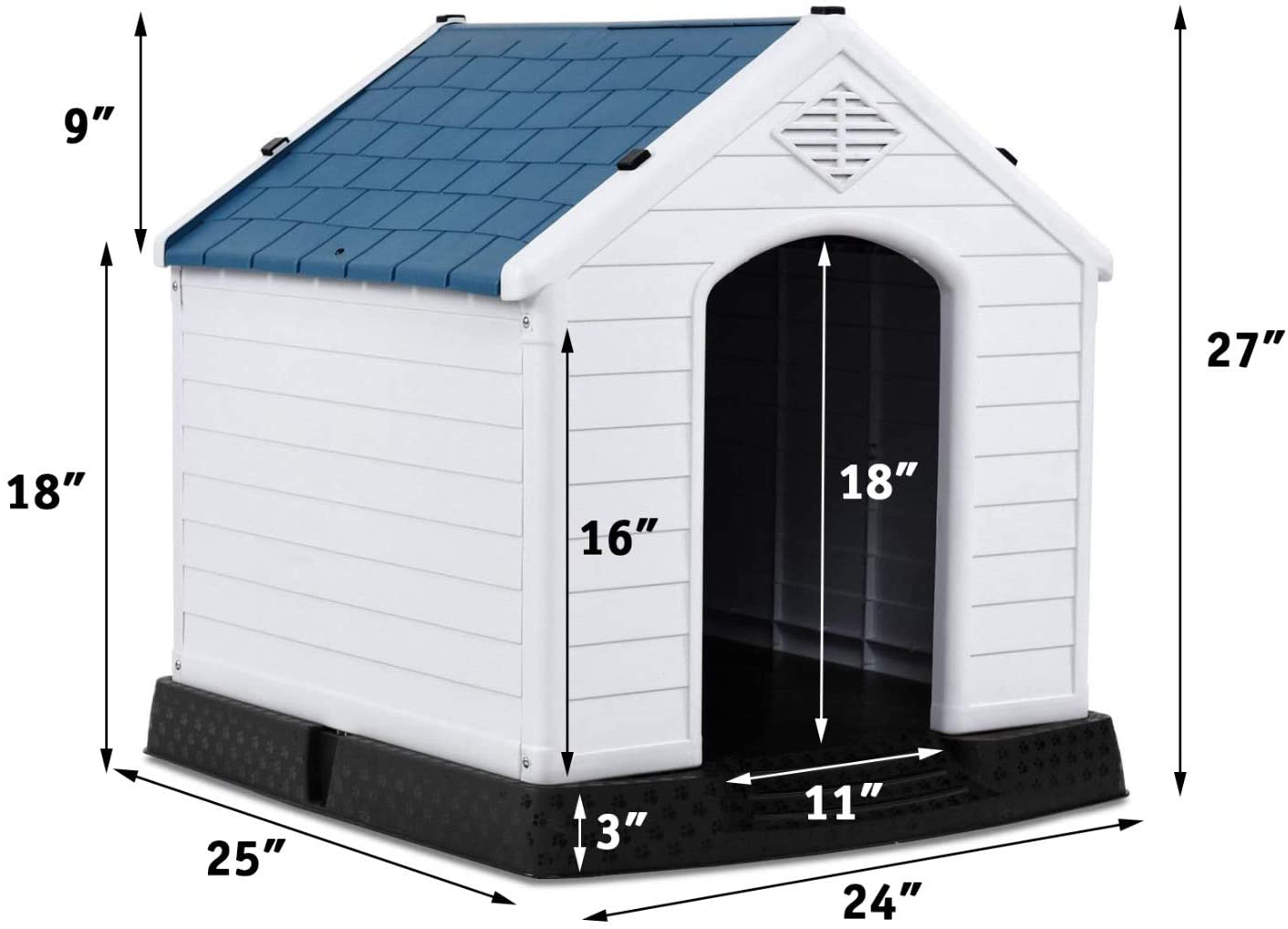 No!No! Plastic Indoor Outdoor Dog House Small to Medium Pet All Weather Doghouse Puppy Shelter White, Blue Roof