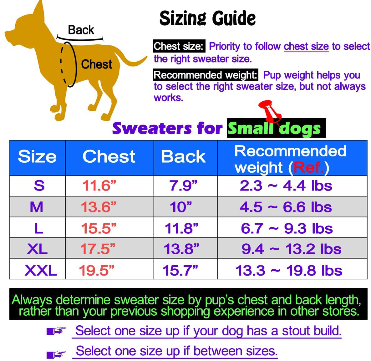 Dog deals sweater sizes