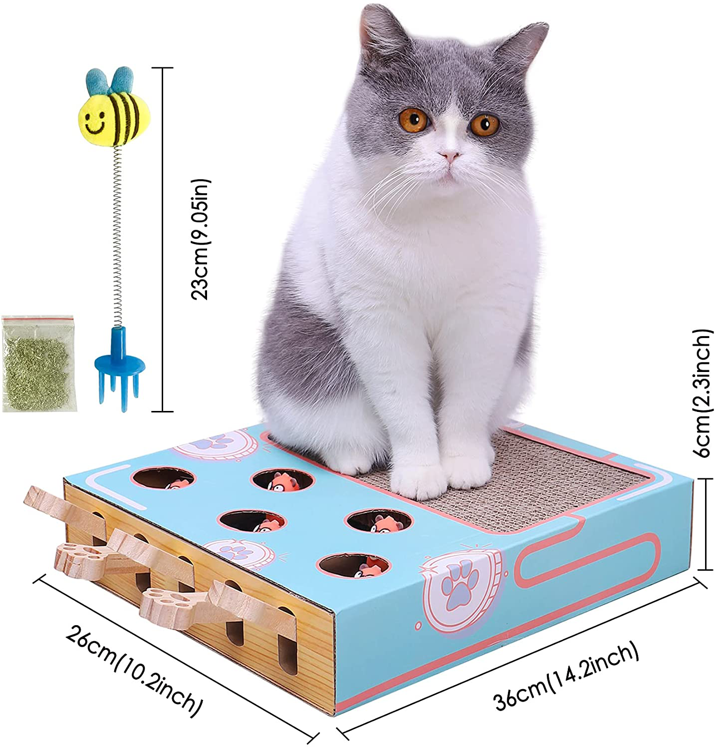 Corrugated Cat Scratcher, Cat Scratch Pad with Whack a Mole Game and Funny Cat Stick, Multi-Purpose Scratching Pad, Thickened Durable Cardboard Cat Scratcher for Furniture Protector