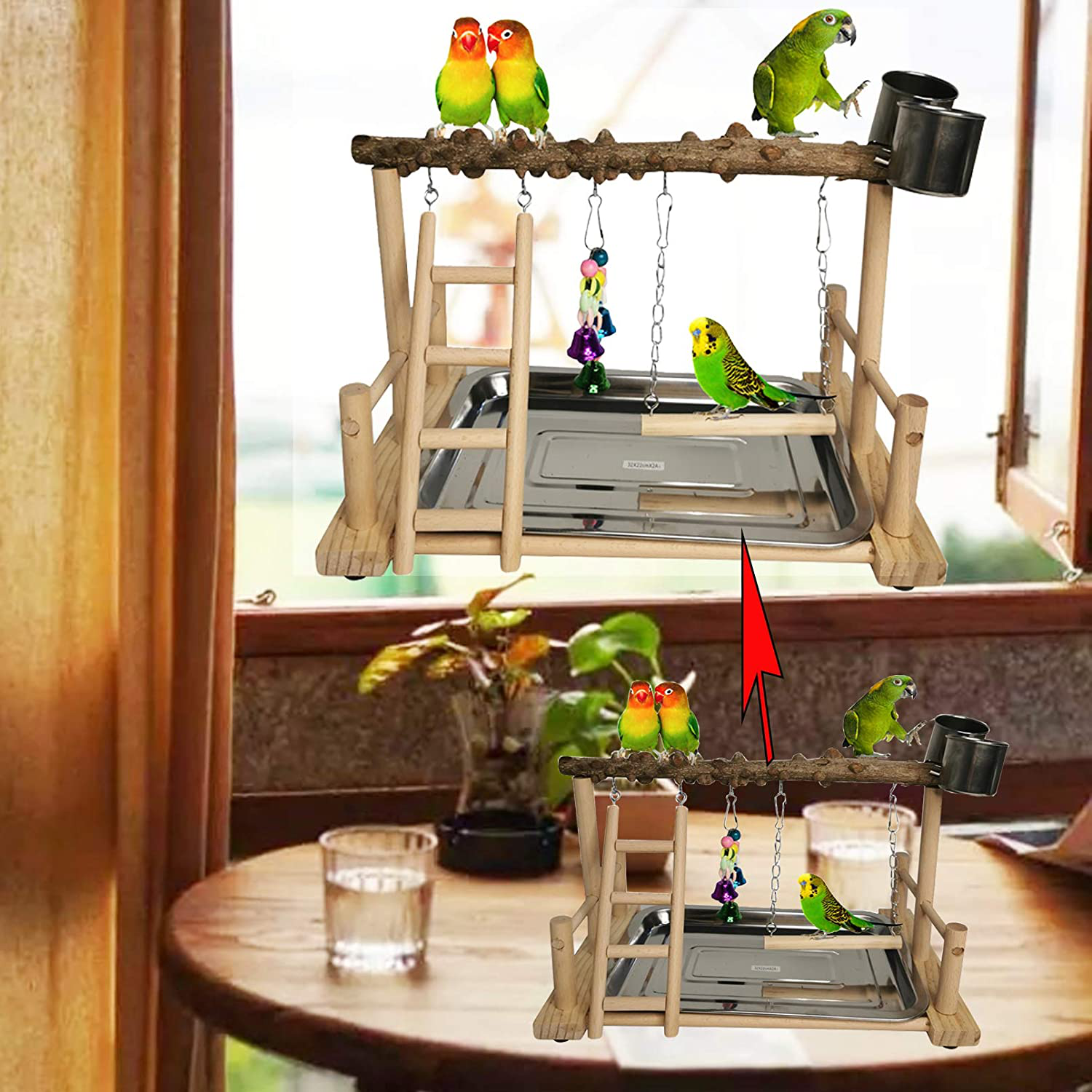 Hamiledyi Parrot Playground Bird Playstand Wood Exercise Play Perch Exercise Gym with Feeder Cups Toys Cockatiel with Ladder Hanging Swing for Pet Conure Lovebirds Life Activity Center Training Stand Animals & Pet Supplies > Pet Supplies > Bird Supplies > Bird Gyms & Playstands Hamiledyi   