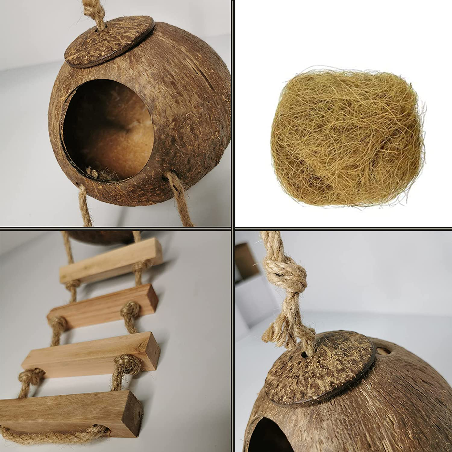 Tfwadmx Coconut Hide with Ladder, Natural Coconut Fiber Hanging Birdhouse Cage, Coconut Bird Shell Breeding Nest for Parrot Parakeet Lovebird Finch Canary (2 Pcs) Animals & Pet Supplies > Pet Supplies > Bird Supplies > Bird Cage Accessories Tfwadmx   