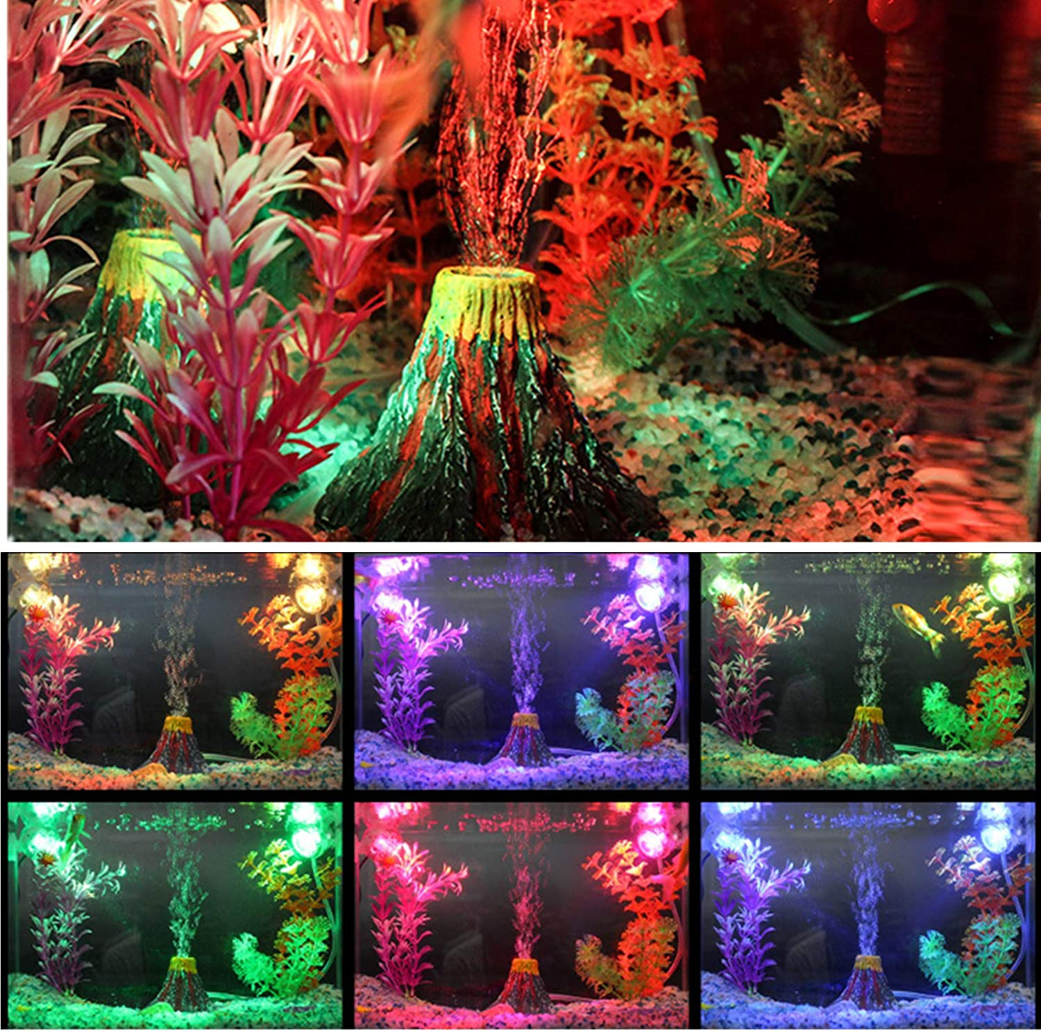 Decoration Aquarium Volcan + 6 LED Lampe Aquarium Air Bulle