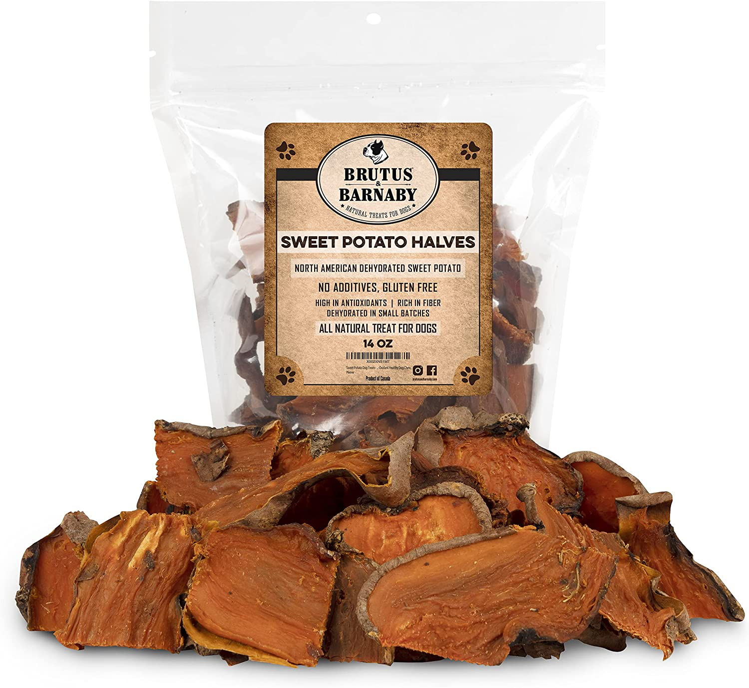 BRUTUS & BARNABY Sweet Potato Dog Treats- Dehydrated North American All Natural Thick Cut Sweet Potato Slices, Grain Free, No Preservatives Added, Best High Anti-Oxidant Healthy Dog Chew Animals & Pet Supplies > Pet Supplies > Dog Supplies > Dog Treats Brutus & Barnaby Half-Slices 14 oz 