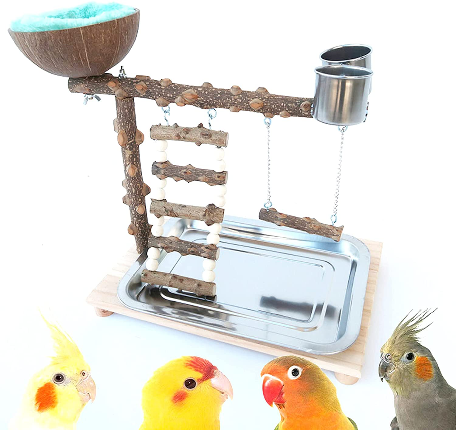 Volksrose Parrot Playground Bird Play Stand, Bird Activity Stand Wood Perch Gym with Ladder Tray and Feeder Cups, Parakeet Cockatiel Birdcage Cage Nest Accessories Exercise Platform Toy Animals & Pet Supplies > Pet Supplies > Bird Supplies > Bird Gyms & Playstands VolksRose   