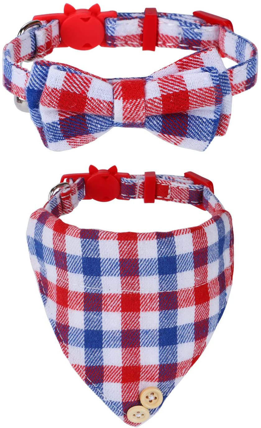 Faleela Breakaway Cat Collar with Bells - 2 Pack Cat Collar with Bells, Cat Collars with Bandana, Accessories for Pet Collars, Adjustable for Cats and Small Dogs Animals & Pet Supplies > Pet Supplies > Cat Supplies > Cat Apparel Faleela Red and Blue  