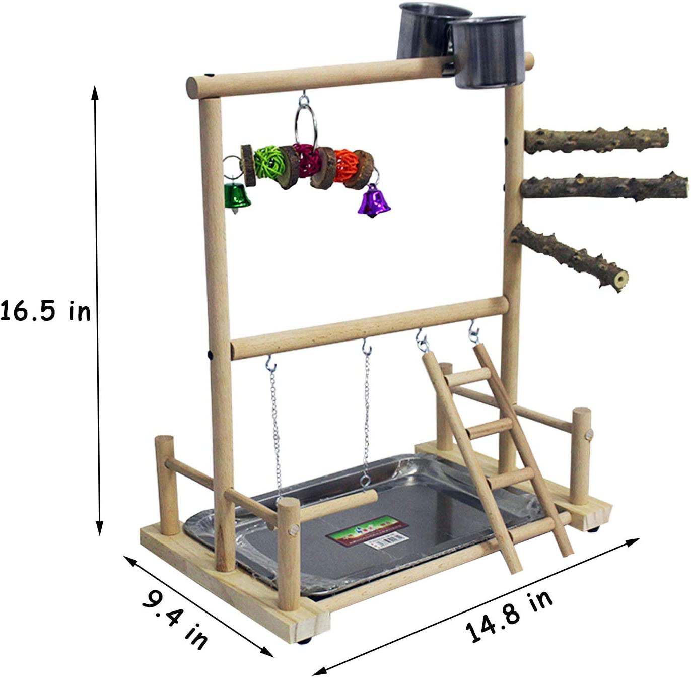 Kathson Bird Playground Parrot Playstand Wood Perch Stand Toys Ladder Swing Feeder Cups Chew Toy for Parakeet Conure Cockatiel Budgie Lovebird Finch Small Birds Animals & Pet Supplies > Pet Supplies > Bird Supplies > Bird Ladders & Perches kathson   