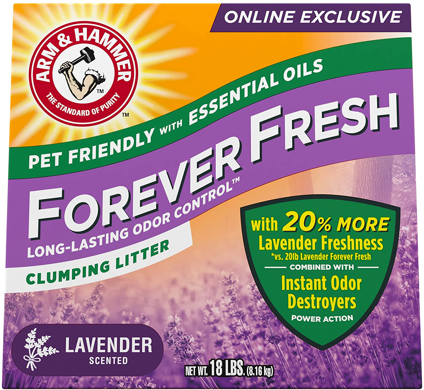 Arm & Hammer Forever Fresh Clumping Cat Litter Lavender, Multicat 18Lb with 20% More Lavender Freshness, Pet Friendly with Essential Oils Animals & Pet Supplies > Pet Supplies > Cat Supplies > Cat Litter Church & Dwight   