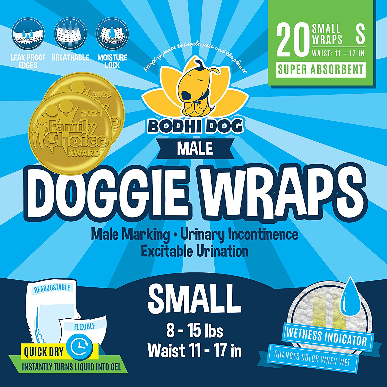 Bodhi Dog Disposable Male Dog Wraps | 20 Premium Quality Adjustable Doggie Wraps with Moisture Control and Wetness Indicator | 20 Count Animals & Pet Supplies > Pet Supplies > Dog Supplies > Dog Diaper Pads & Liners Bodhi Dog Small  