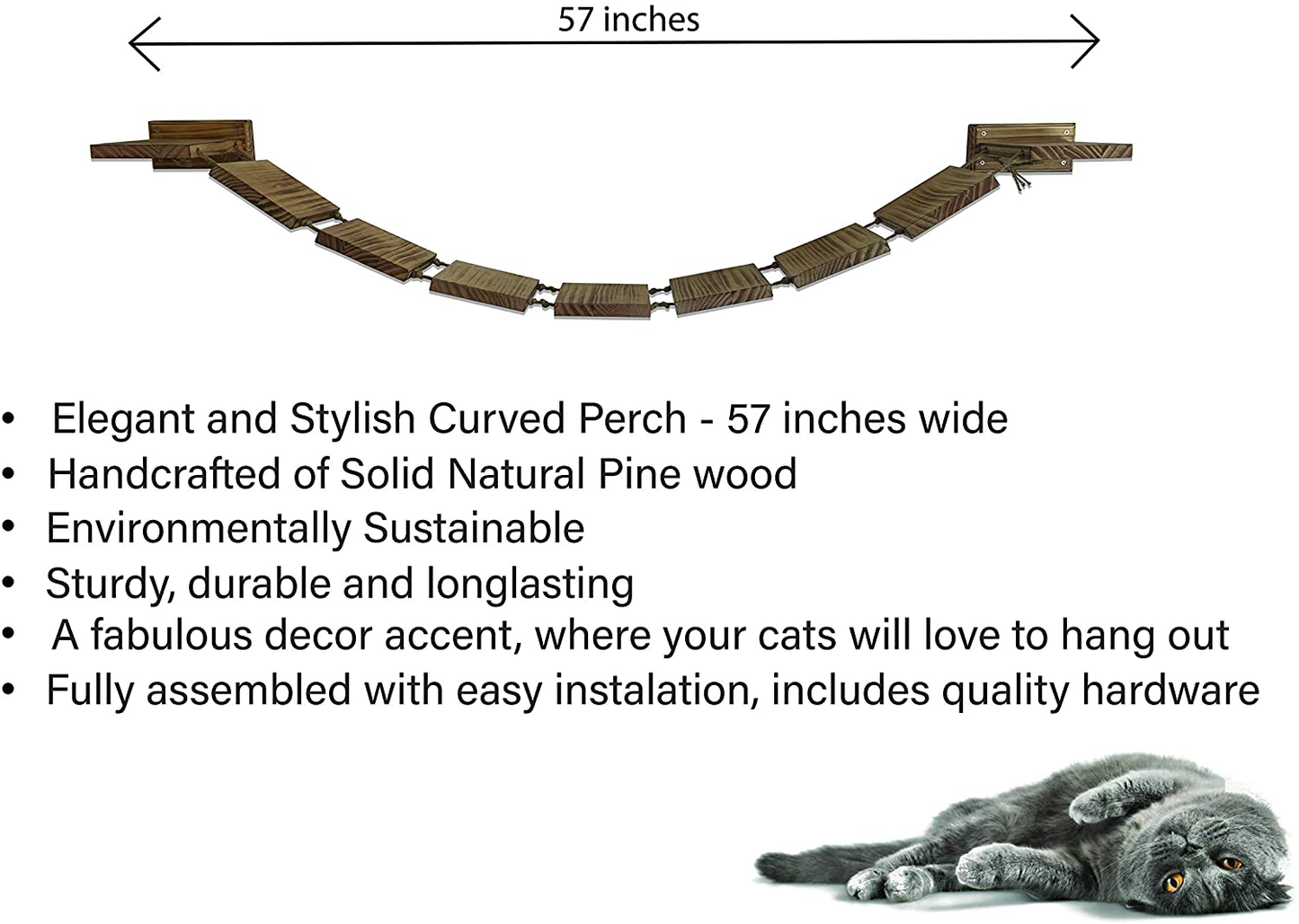 Olive & D Wall Mounted Cat Shelf Curved Perch. Sturdy Wooden Floating Hammock Bridge 56.7 Inches of Handcrafted Natural Pine. Sturdy, Wide Bed, Fully Assembled Easy Install. Animals & Pet Supplies > Pet Supplies > Cat Supplies > Cat Furniture Olive & D   