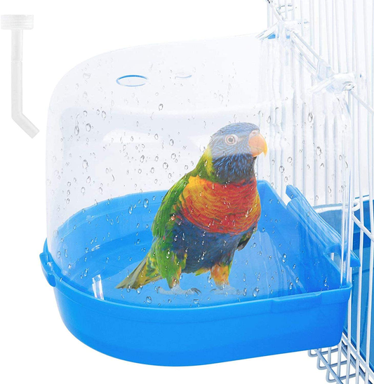 OOTDTY Bird Bath Box Bird Cage Accessory Supplies Bathing Parakeet Caged Bird Bathing Tub with Water Injector for Pet Small Birds Canary Budgies Parrot Parakeet Finch Canary Parrot Lovebird (Blue)